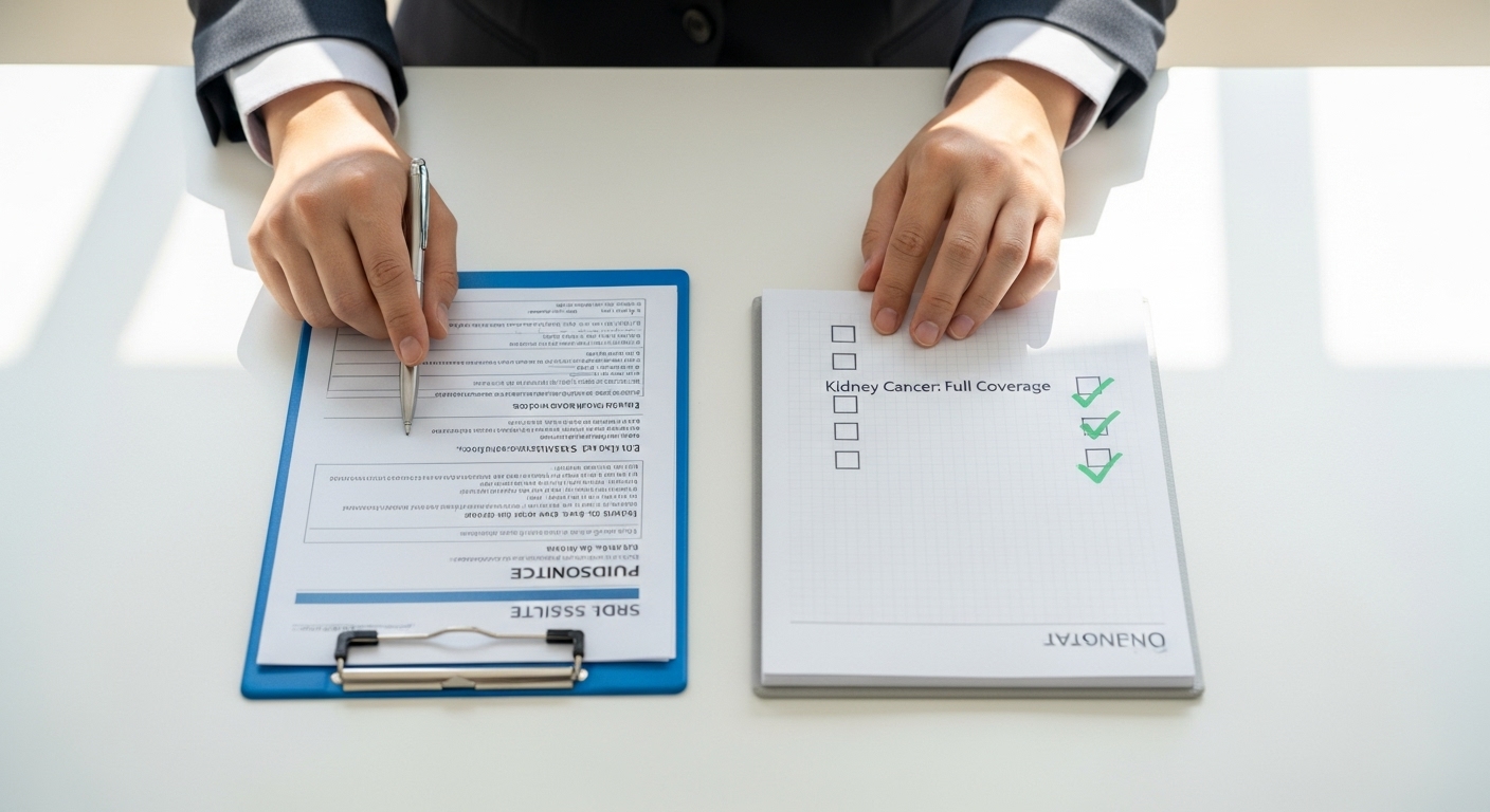 책상에 두 개의 암보험 약관과 체크리스트를 놓고 꼼꼼히 비교하는 모습