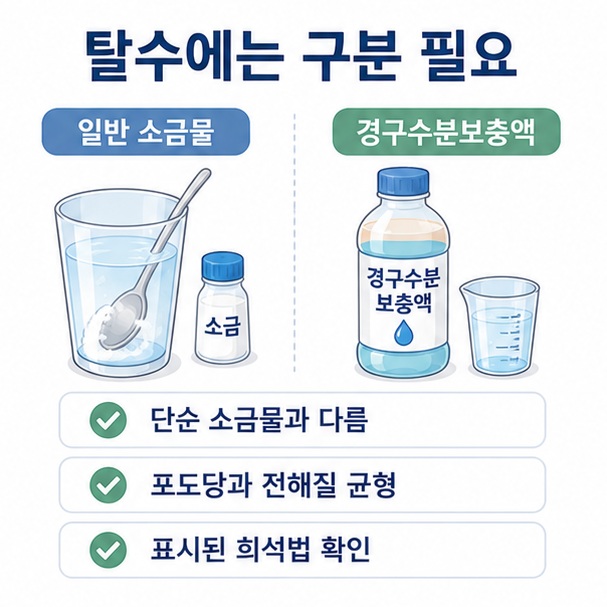 일반 소금물과 포도당, 여러 전해질이 적절한 비율로 구성된 경구수분보충액은 서로 다르다는 점을 정리한 이미지