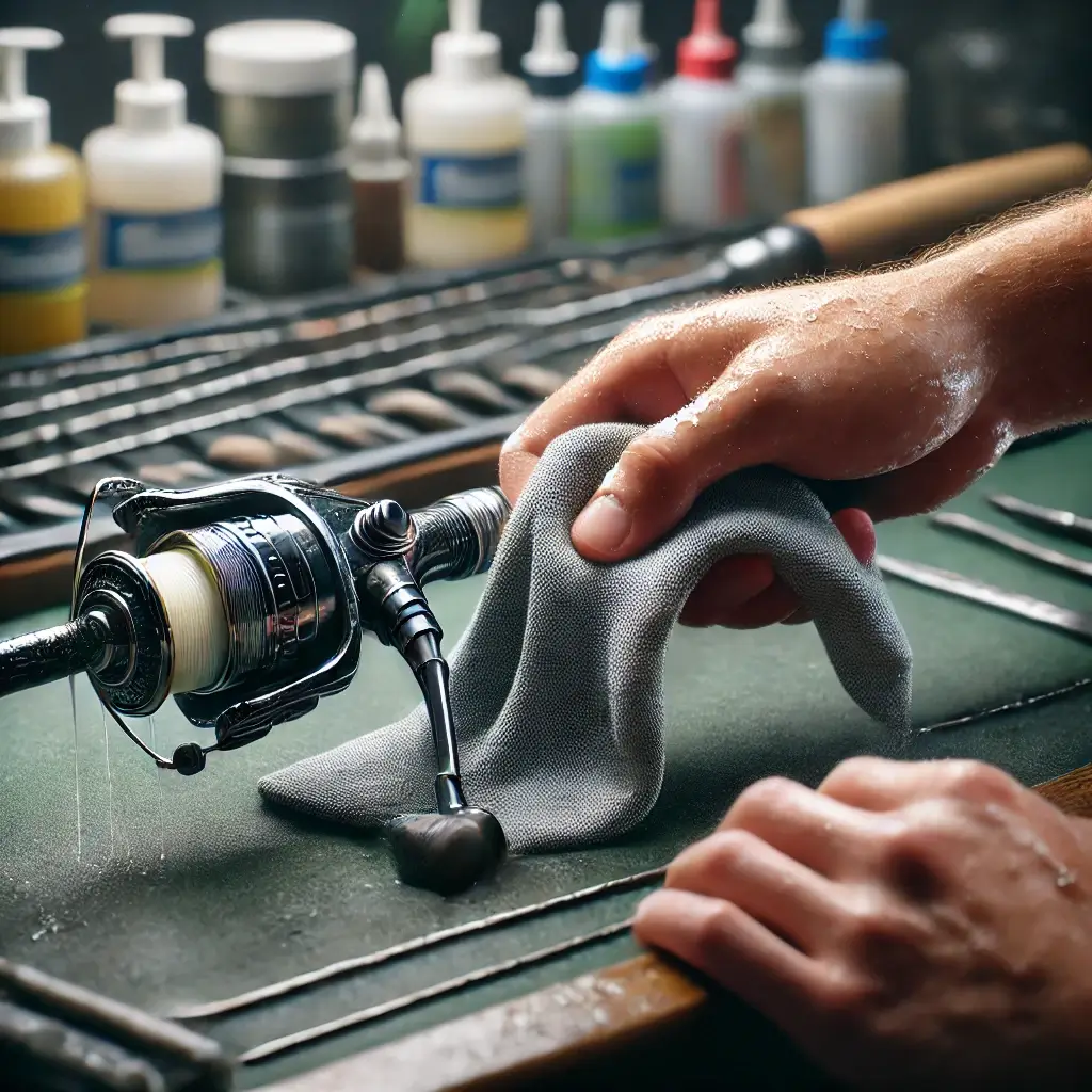 낚싯대를 부드러운 천으로 닦으며 관리하는 모습