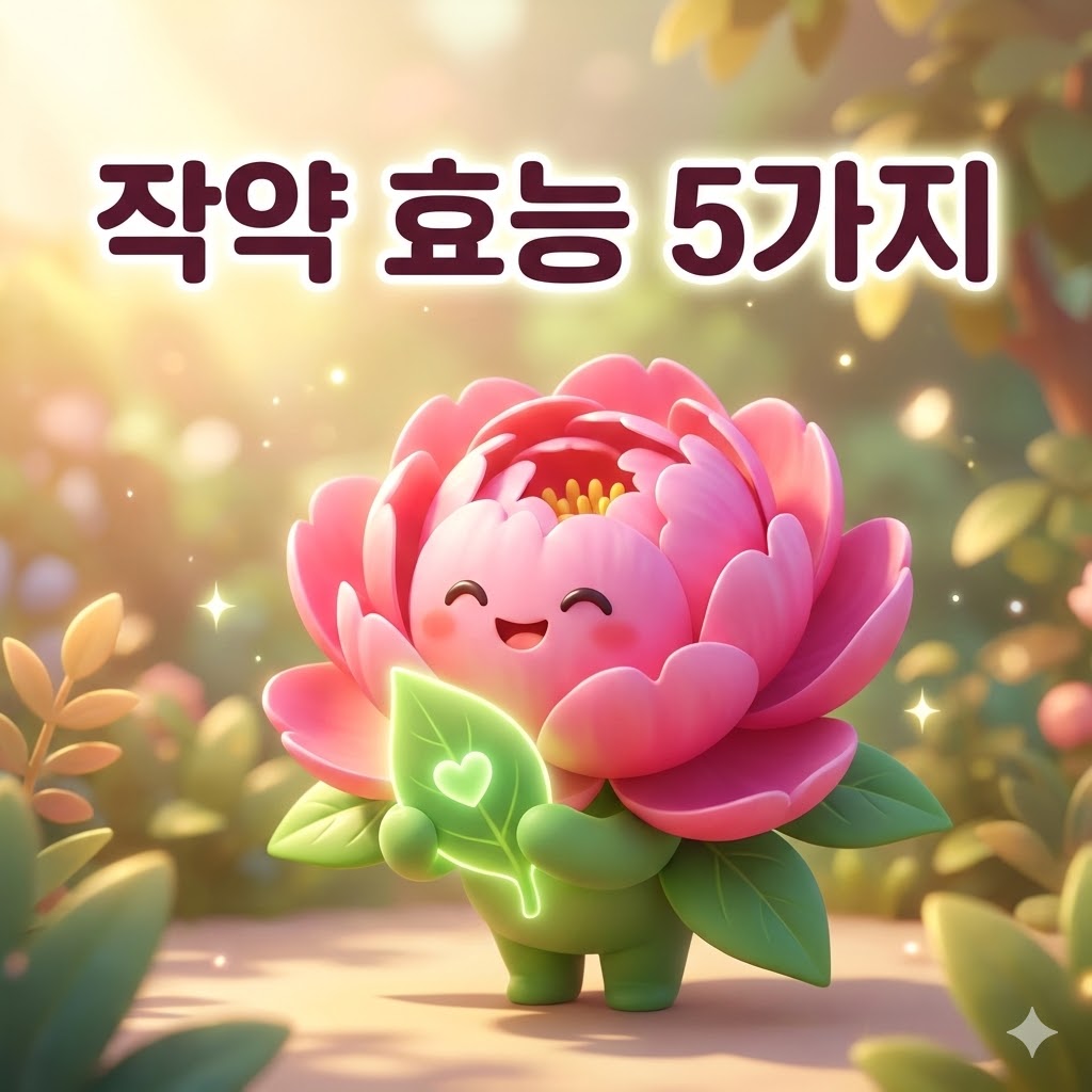 웃는 작약 꽃 캐릭터가 건강한 잎을 들고 있는 3D 카툰 일러스트, '작약 효능 5가지' 텍스트 포함.