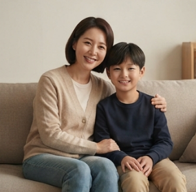 나란히 앉아 웃는 엄마와 아이