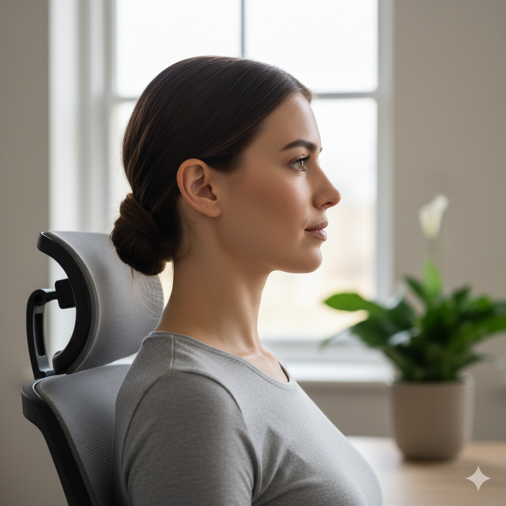 사무실 의자에 앉아 턱 당기기 목 스트레칭을 하는 지적인 아름다운 여성 모델.