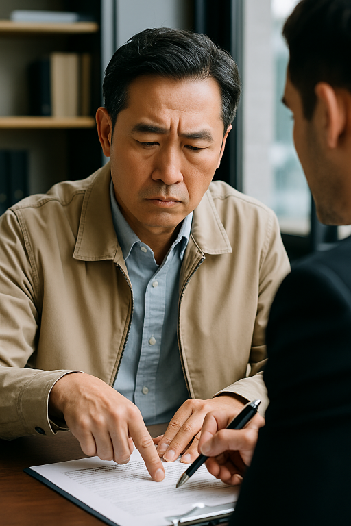 중년의 동양인 남성이 조용한 사무실에서 법률 상담을 받는 장면으로, 변호사와 마주 앉아 진지하게 상담을 진행하고 있는 고퀄리티 실사 이미지