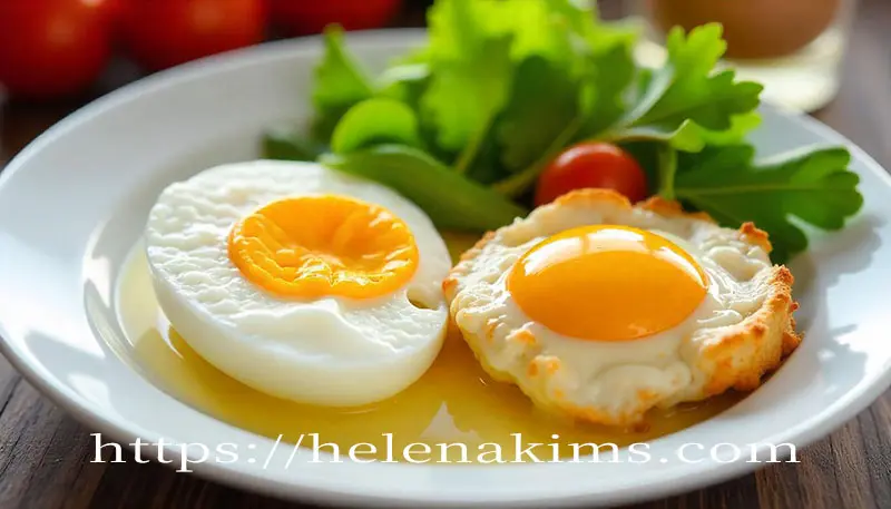 하얀 세라믹 접시에 왼쪽에는 삶은 달걀 반쪽이 오른쪽에는 달걀 후라이가 싱싱한 채소와 함께 담겨 있는 이미지.
