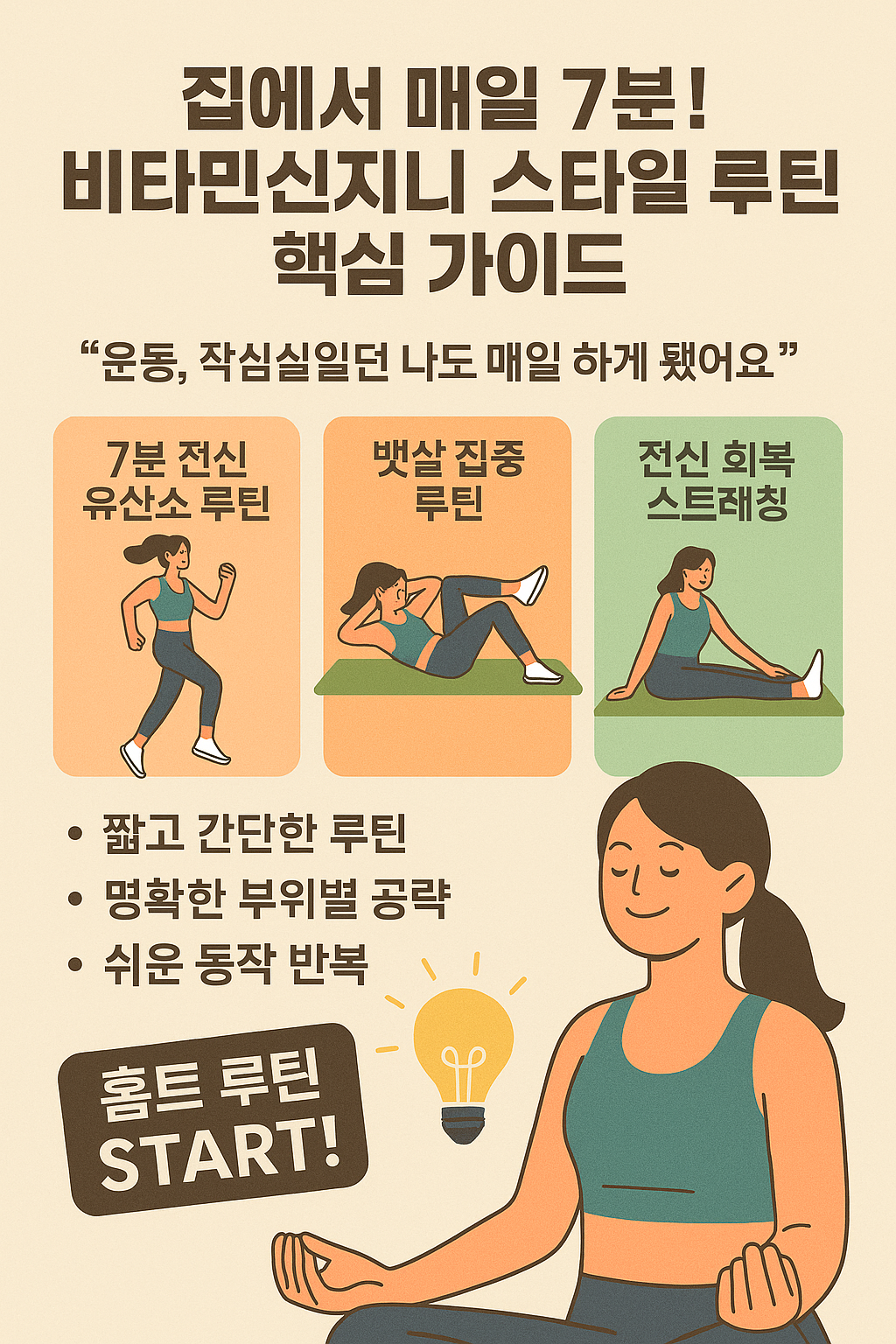 비타민신지니 스타일의 홈트레이닝 루틴을 요약 소개하는 한국어 인포그래픽 이미지로, 7분 유산소 운동, 뱃살 루틴, 팔뚝·하체 운동 및 스트레칭 루틴을 종합 안내하는 플랫 스타일 일러스트