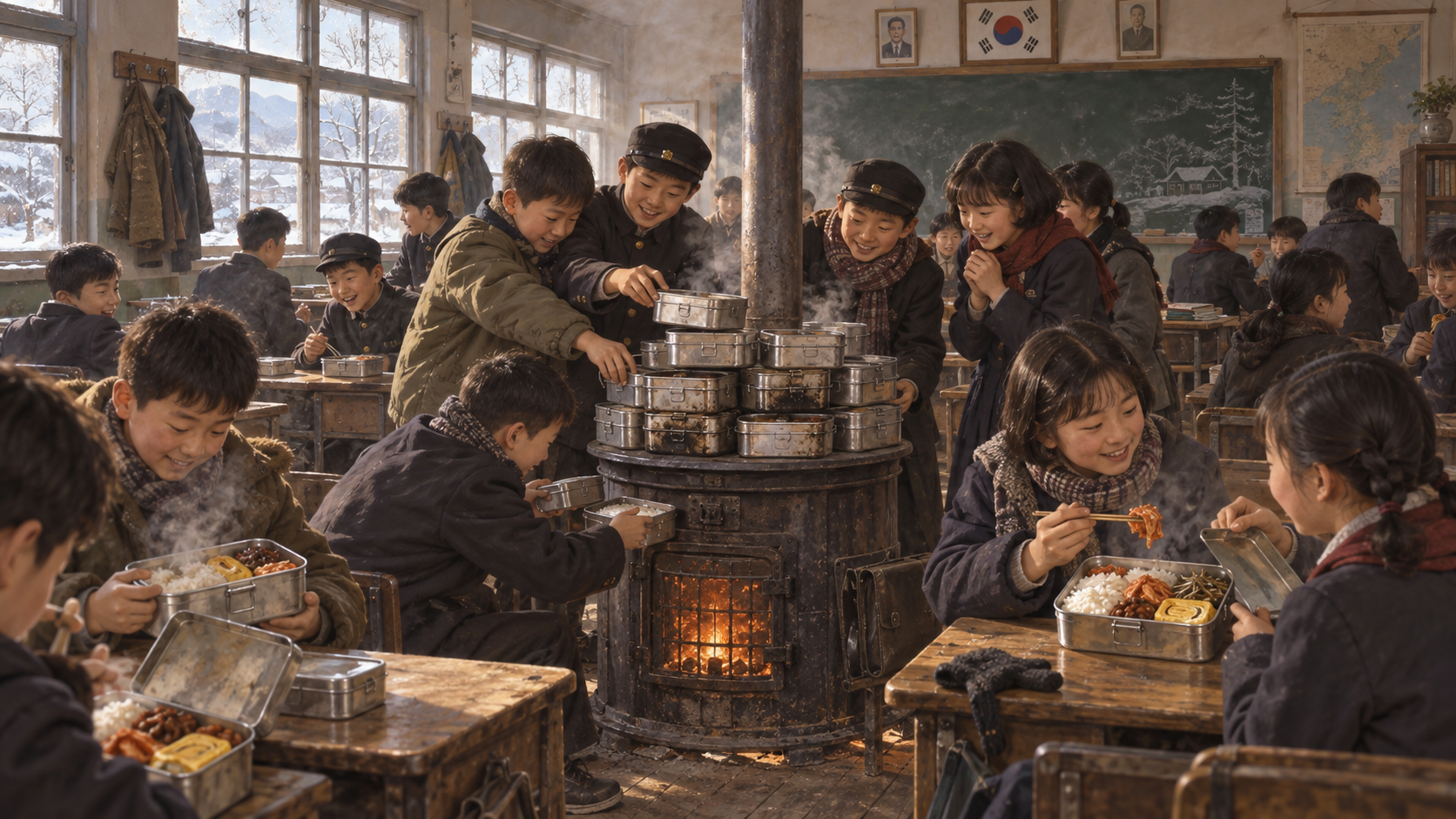 도시락을 난로 위에 올려놓던 교실 풍경