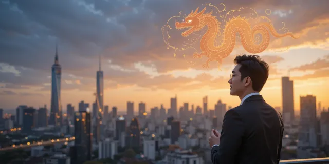 도시를 내려다보며 용띠 운세와 사업을 계획하는 모습