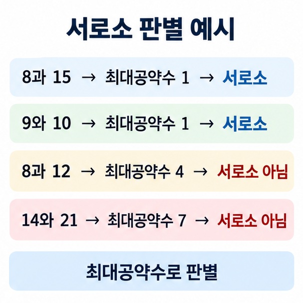 8과 15 9와 10은 최대공약수가 1이라 서로소이고 8과 12 14와 21은 서로소가 아니라는 비교 이미지
