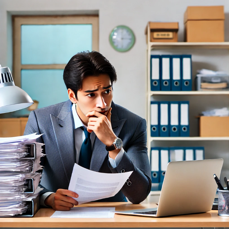 어려운 상황에서 서류를 검토하고 있는 사업주의 모습