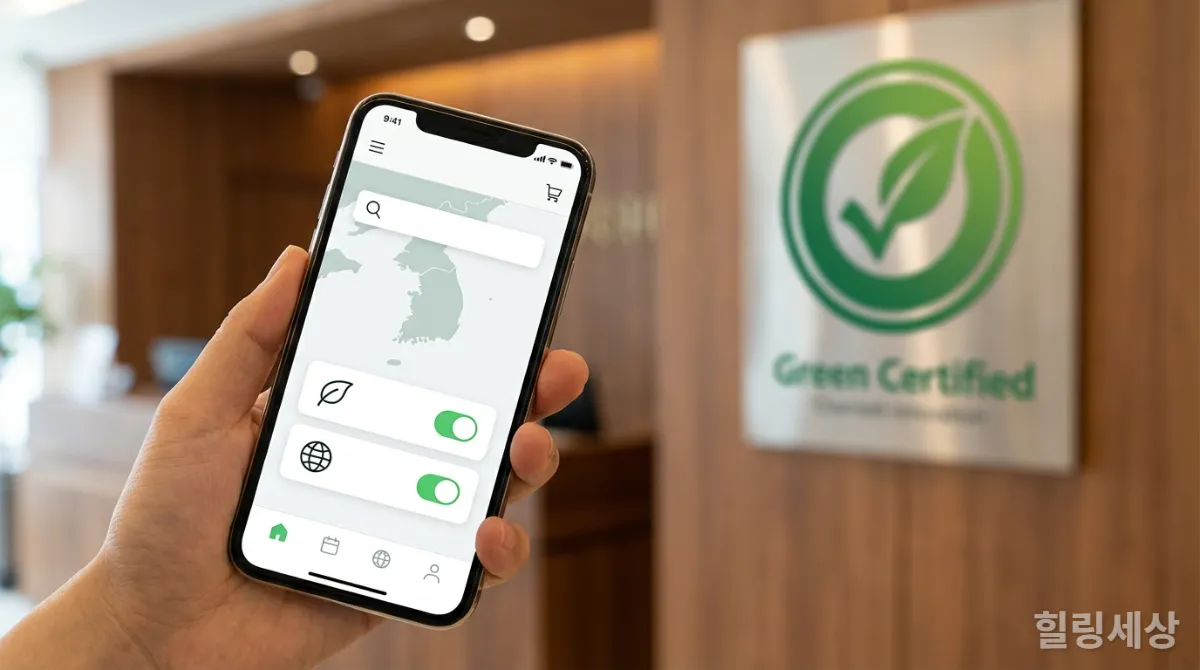 친환경 숙소 예약 앱 화면과 친환경 인증 마크