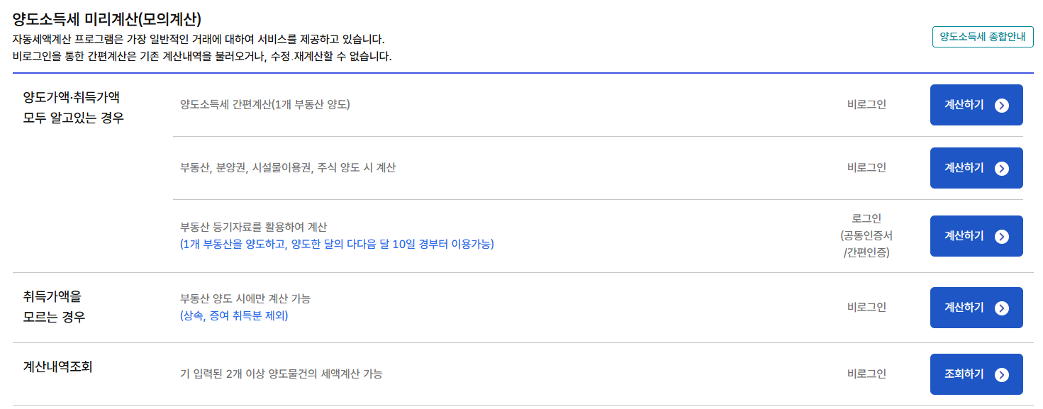 양도세 자동계산 국세청 홈택스 모의계산 바로 해보기