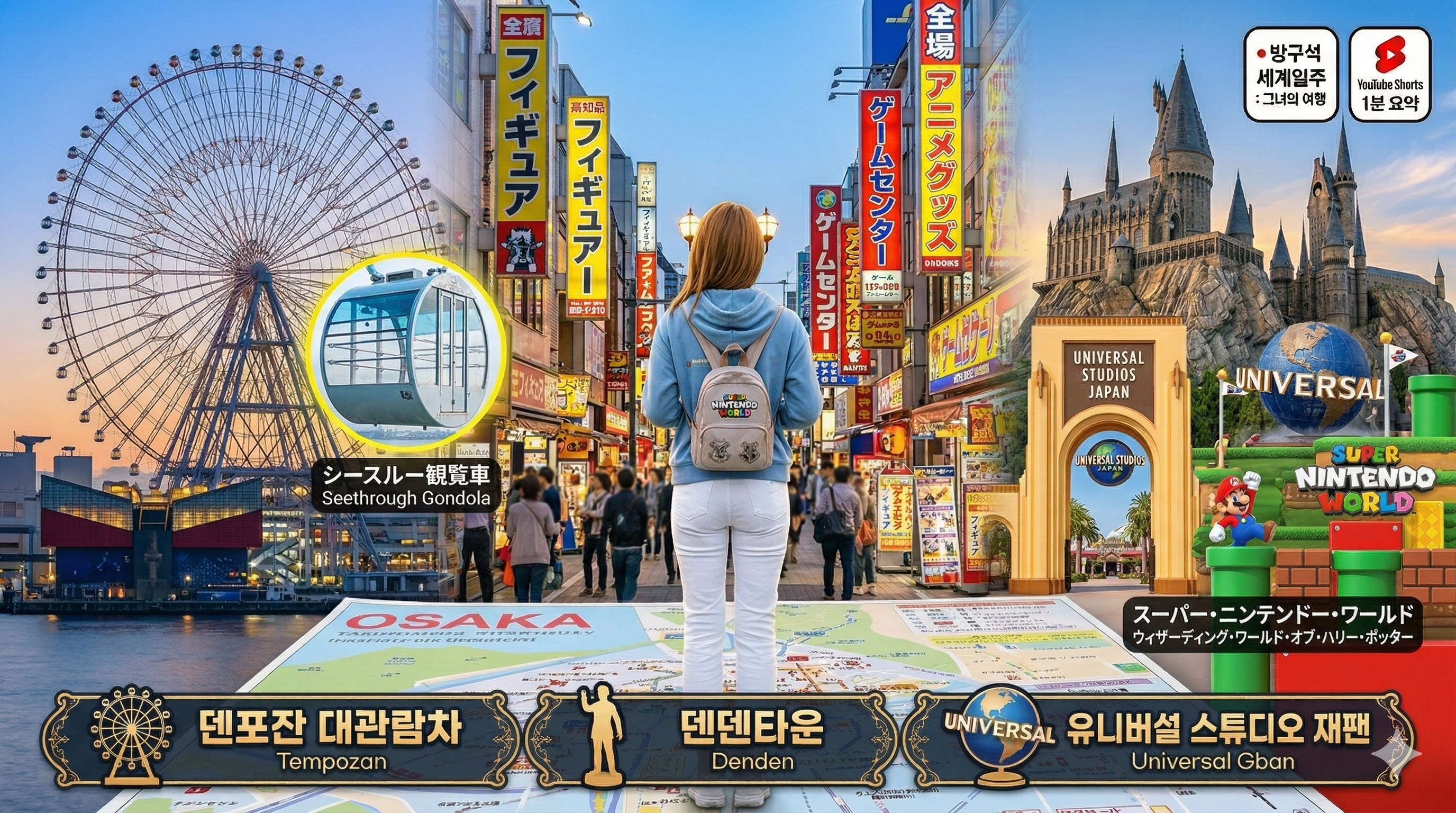 배낭을 메고 목에 vlog 카메라를 걸고 화이트 청반바지를 입은 여성 여행자의 전신 뒷모습을 중심으로, 오사카 여행 코스 7~9번이 파노라마처럼 펼쳐져 있다. 왼쪽에는 덴포잔 대관람차와 시스루 곤돌라 아이콘이, 중앙-오른쪽에는 덴덴타운 상점가와 유니버설 스튜디오 재팬(호그와트 성 &amp; 슈퍼 닌텐도 월드)의 모습이 보인다. 그녀는 오사카 지도를 밟고 서 있다. 상단에는 '오사카 필수 코스 7-9 야경&middot;피규어&middot;닌텐도 총정리!'라는 타이틀과 'Osaka Hidden Gems (7-9)'라는 영문 텍스트가 있다. 우측 상단에는 '방구석 세계일주: 그녀의 여행' 채널 로고와 'YouTube Shorts 1분 요약' 아이콘이 있다. 하단에는 세 곳의 아이콘과 이름이 있는 바가 있다.