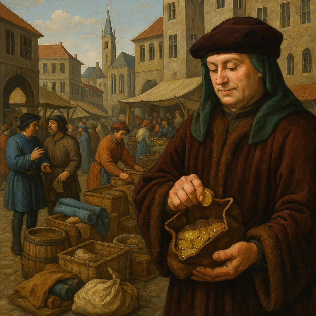 중세 도시 광장에서 상인들이 교역 물품