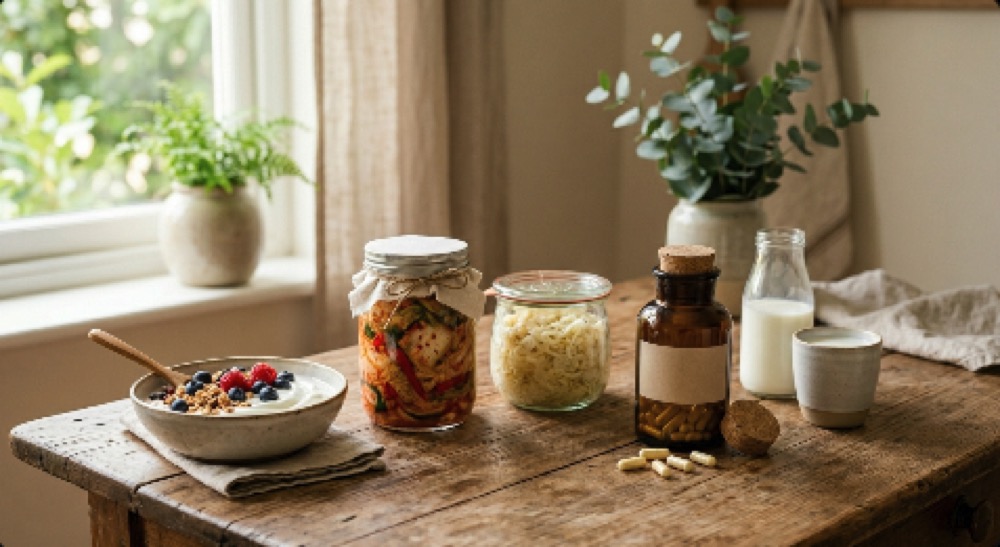 유산균 캡슐과 요구르트가 함께 놓인 건강한 식탁