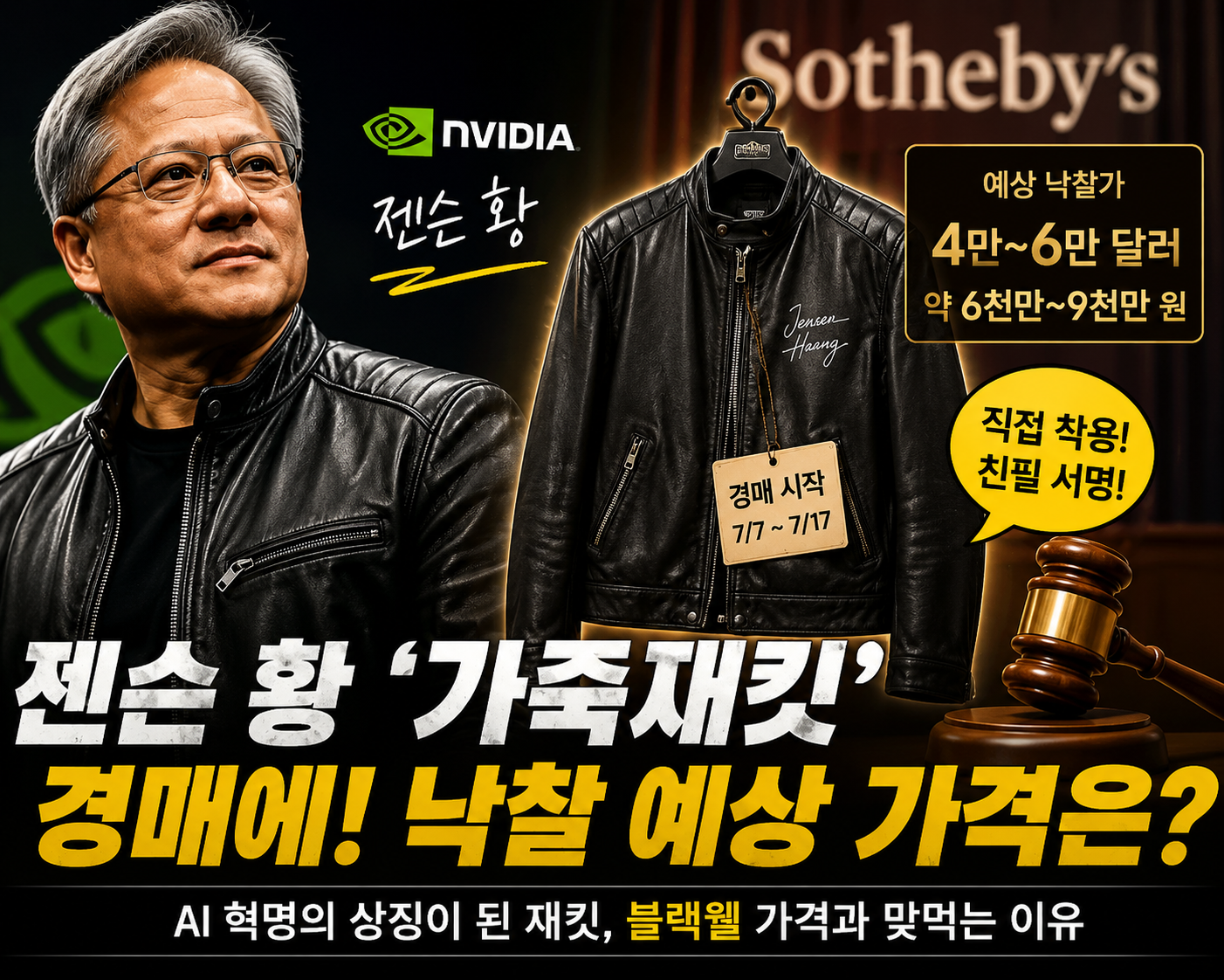 젠슨 황 엔비디아 CEO의 검은 가죽재킷이 소더비 경매에 오르며 예상 낙찰가와 AI 시대 상징성을 설명하는 정보 이미지