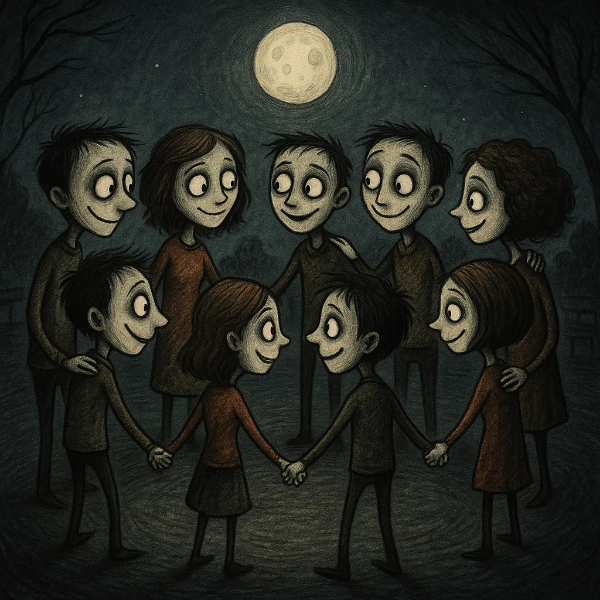 알코올 회복 중 사회적 지지를 상징하는 캐릭터들이 손을 맞잡고 원을 이루는 팀 버튼풍 일러스트