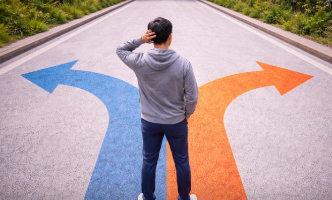 갈림길 앞에서 방향을 고민하는 모습으로 신청 과정에서 흐름이 막히는 상황을 표현한 이미지