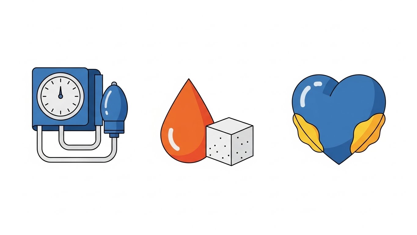 혈관 건강을 결정짓는 핵심 3대 수치인 혈압, 혈당, 콜레스테롤을 상징하는 그래픽