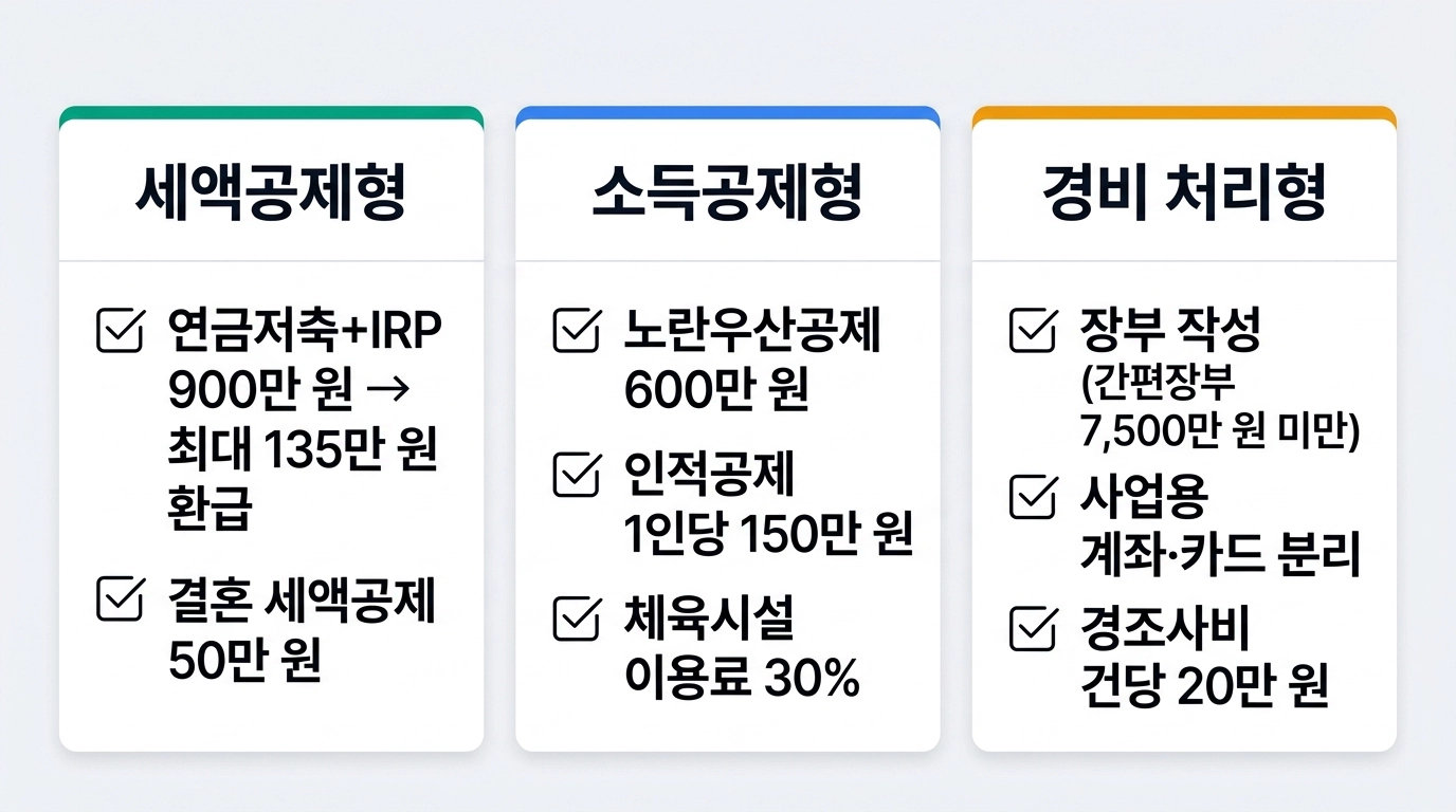 2026 종합소득세 절세 전략 7가지 체크리스트 조건별 공제 한도 인포그래픽