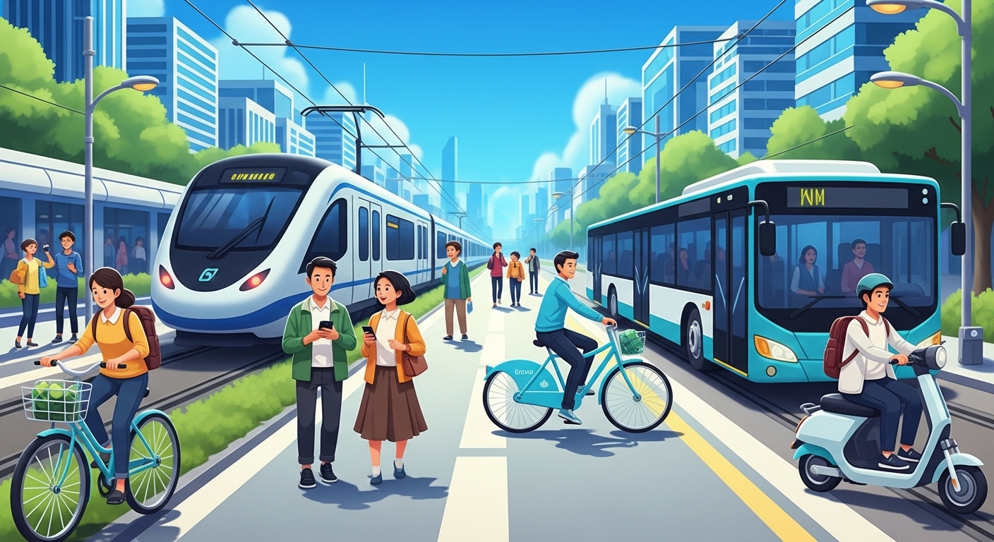 2025년 미래 도시의 대중교통 시스템을 보여주는 일러스트. 사람들이 지하철, 버스, 자전거, 킥보드를 편리하게 이용하며 스마트폰으로 길을 찾는 모습. 친환경적이고 활기찬 도시 풍경이 돋보입니다.