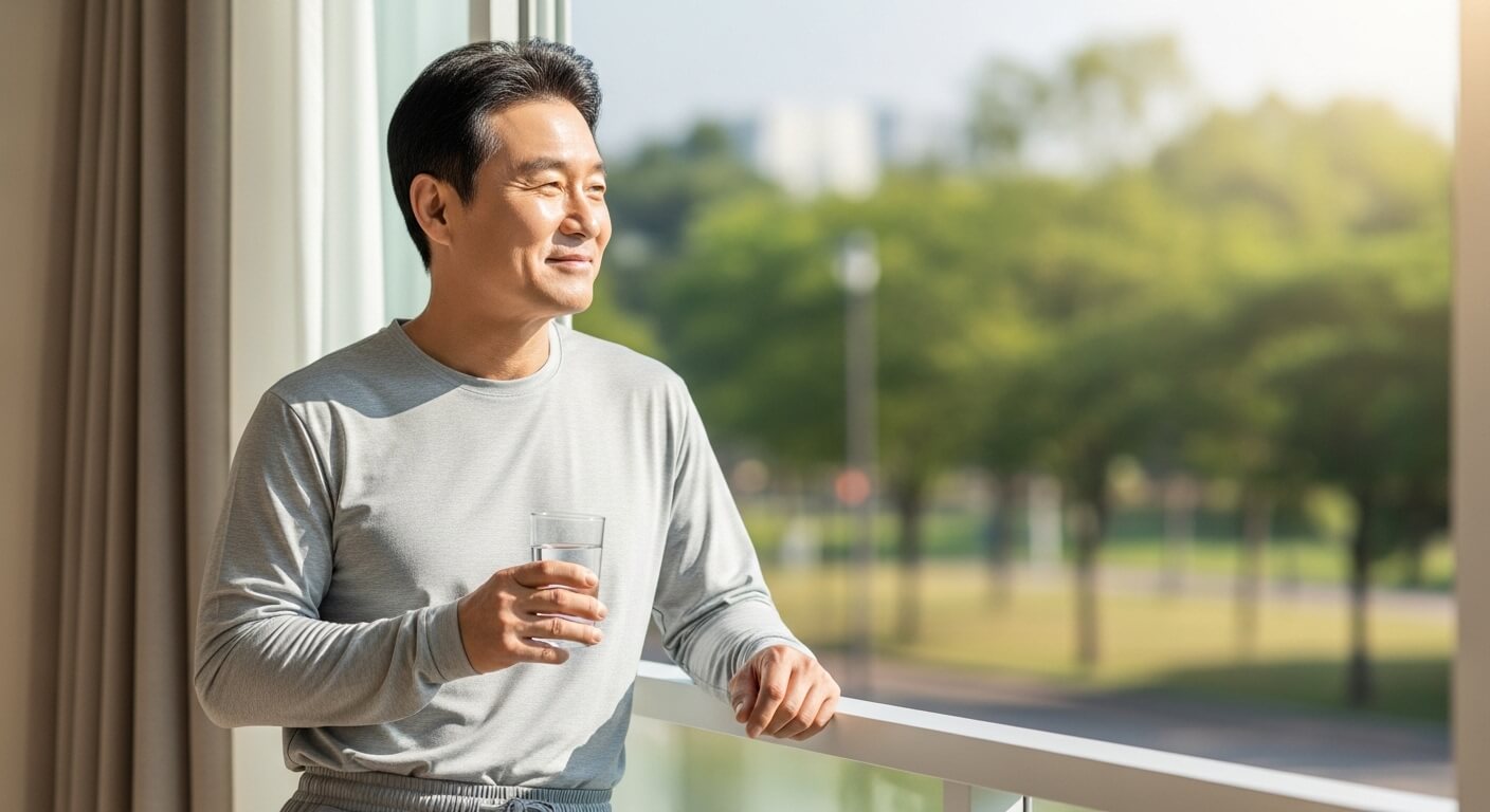 전립선 비대증 증상이 완화되어 숙면을 취한 뒤 상쾌한 아침을 맞는 50대 한국인 남성의 모습