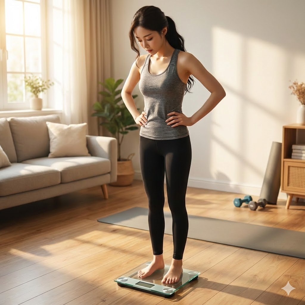 잘 붓는 여성이 체중계에 올라가 체중을 확인하는 모습
