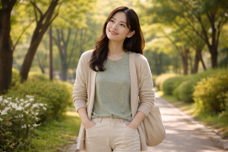 Person walking in park sunlight to relieve stress and calm mind