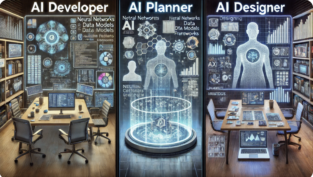 AI 개발자, AI 기획자, AI 디자이너의 분야별 성장 전략을 한 눈에 형상화한 사진