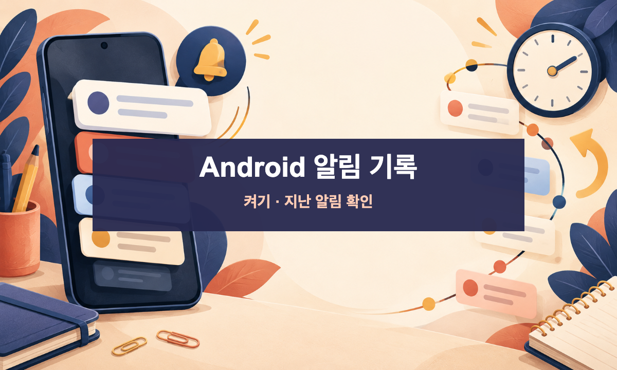 스마트폰 알림 카드와 시계 타임라인 삽화, Android 알림 기록 켜기·지난 알림 확인 문구
