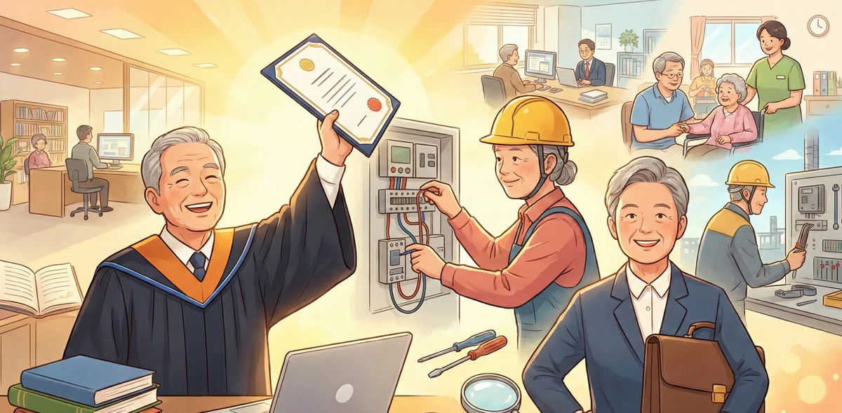 은퇴 후 자격증 취득을 통해 새로운 시작을 기념하며 환하게 웃고 있는 한국 시니어들의 모습. 한 명은 학위복을 입고 자격증을 들어 올리고 있으며, 다른 시니어들은 각각 전기 기술자, 사무직, 요양보호사로 일하는 다양한 재취업 현장이 배경에 그려져 있다.