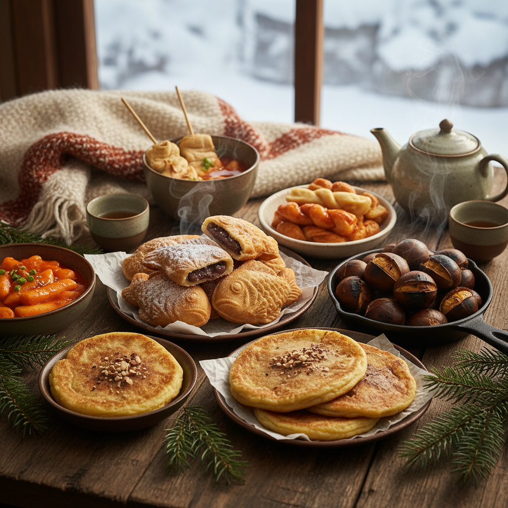 다양한 겨울철 간식들의 칼로리를 비교하는 이미지