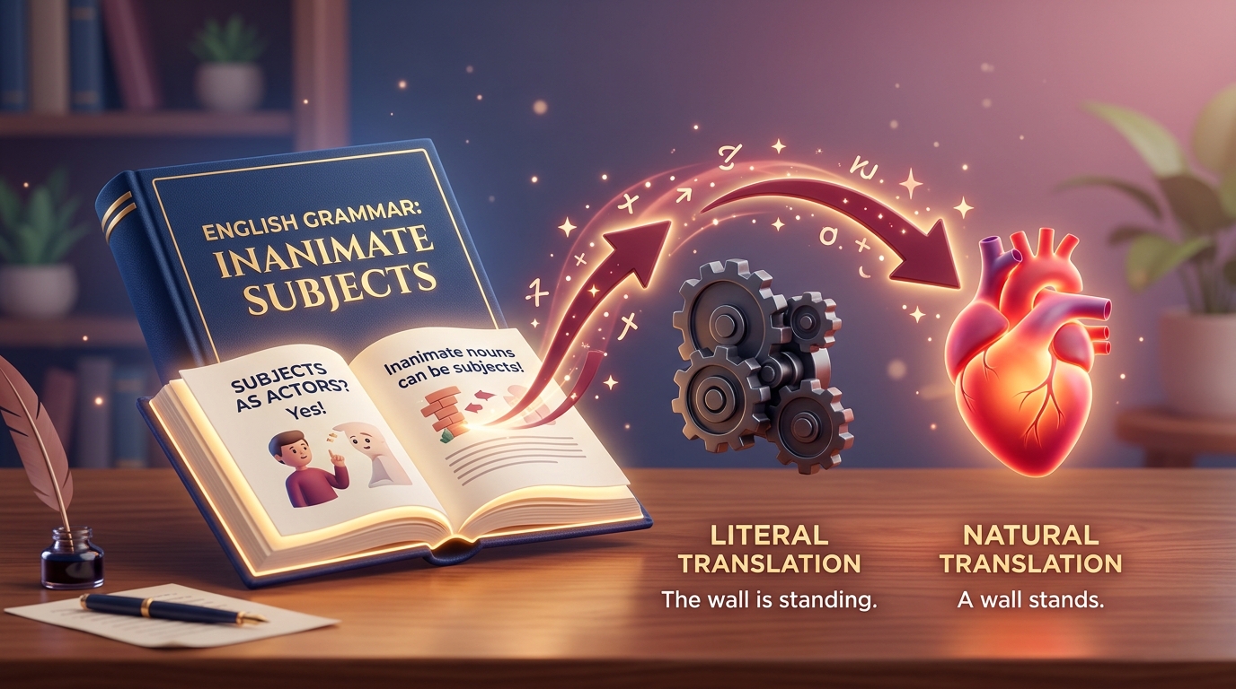 A cute and modern 3D illustration representing English grammar "Inanimate Subjects". A glowing classic navy book open on a desk, with magical warm burgundy translation arrows transforming a rigid robotic gear (Literal Translation) into a smooth, glowing human heart (Natural Translation). Sophisticated classic navy and soft burgundy pastel background, clean studio lighting, educational aesthetic, minimalistic, high resolution, 8k, --ar 16:9