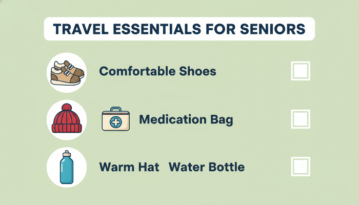 시니어 여행 필수품 체크리스트 그림. 편안한 신발, 약 가방, 따뜻한 모자, 물병 등 아이콘이 그려져 있다.
