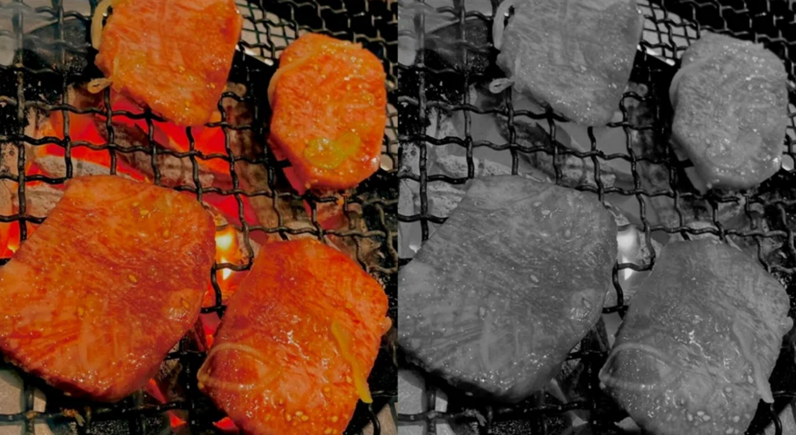 이미지 내용: 불판 위 고기의 비교사진