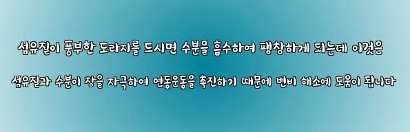  섬유질이 풍부한 도라지를 드시면 수분을 흡수하여 팽창하게 되는데 이것은 섬유질과 수분이 장을 자극하여 연동운동을 촉진하기 때문에 변비 해소에 도움이 됩니다