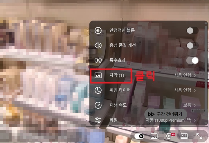 메뉴 창에 자막 메뉴 보임