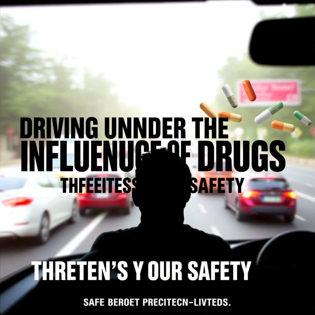 '약물 복용 운전, 당신의 안전을 위협합니다'와 같은 메시지가 담긴 캠페인 포스터.