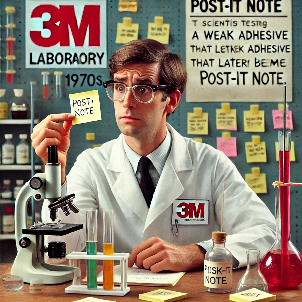 "1970년대 3M 연구소에서 약한 접착제를 테스트하는 과학자의 모습 &ndash; 포스트잇의 탄생 순간"
