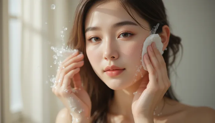 세안 후 토너로 피부결을 정돈하는 여성