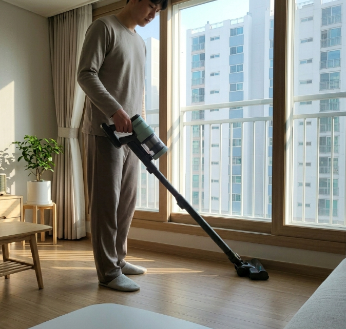 분무기를 이용해 창문에 붙은 벌레를 청소하는 모습