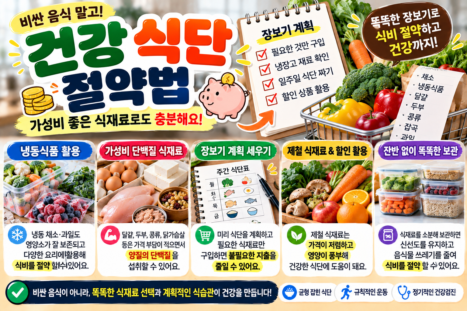 건강한 식단을 유지하면서 식비를 절약하는 방법을 소개하는 건강정보 썸네일 이미지. 상단에는 '비싼 음식 말고! 건강 식단 절약법'이라는 제목과 장보기 계획표, 식재료가 담긴 장바구니, 저금통 일러스트가 배치되어 있다. 하단에는 냉동식품 활용, 가성비 단백질 식재료 선택, 장보기 계획 세우기, 제철 식재료와 할인 상품 활용, 식재료 보관법 등 다섯 가지 식비 절약 방법이 소개되어 있다. 냉동 채소와 과일, 달걀, 두부, 콩류, 닭가슴살 등 경제적인 식재료를 활용하고, 일주일 식단표 작성과 냉장고 재료 확인을 통해 불필요한 지출을 줄이는 방법을 설명한다. 또한 제철 채소와 과일을 구입하고 식재료를 소분하여 보관하면 음식물 쓰레기를 줄이면서 균형 잡힌 식생활을 실천할 수 있다는 내용을 강조한 이미지이다.