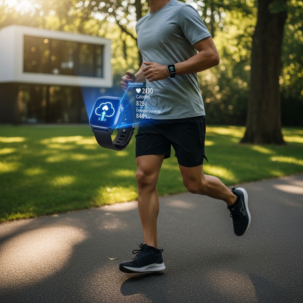 미래형 스마트워치를 착용하고 공원에서 조깅하는 사람. 시계에서 실시간 건강 데이터가 홀로그램으로 표시되고, 데이터가 클라우드를 통해 집으로 연동되는 모습을 보여주며 개인 맞춤형 건강 관리가 일상화된 미래를 표현합니다.