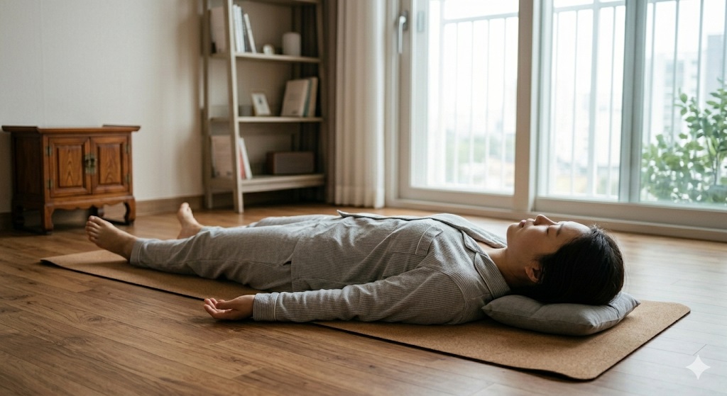 거실에 누워 아우토겐 트레이닝 6단계를 순서대로 연습하는 모습