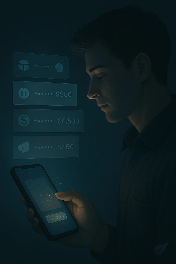 어두운 공간 속, 스마트폰 화면을 바라보며 카드와 계좌 정보를 확인하는 젊은 남성의 집중된 표정과 손끝의 조회 동작을 담은 감성적 장면