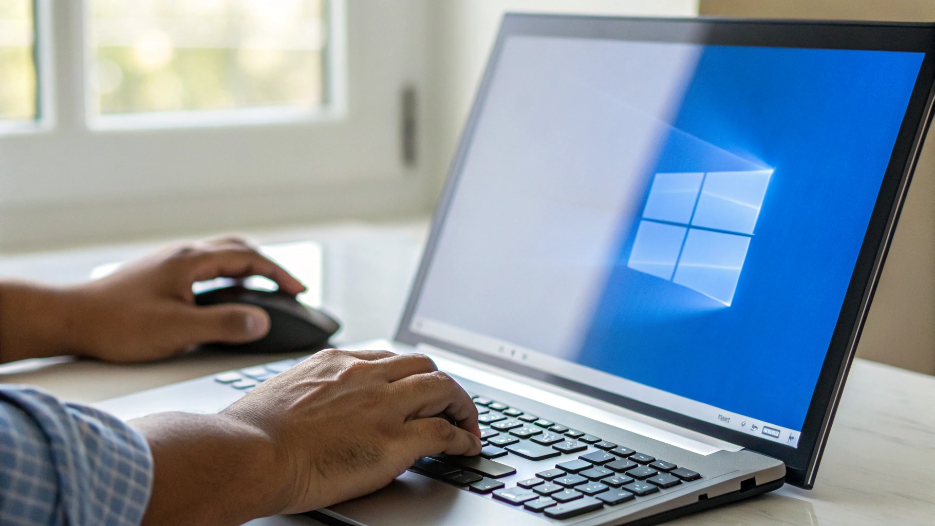 창가 앞 책상에서 한 사람이 노트북을 사용하고 있다. 노트북 화면에는 마이크로소프트 윈도우의 로고가 표시되어 있으며, 사용자는 한 손으로 마우스를, 다른 손으로는 키보드를 조작하고 있다.