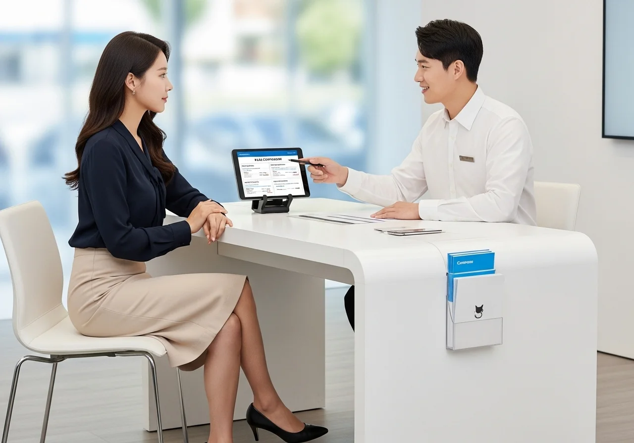 한 여성이 통신사 매장에서 직원과 함께 태블릿을 보며 알뜰폰 요금제에 대해 상담받고 있는 모습