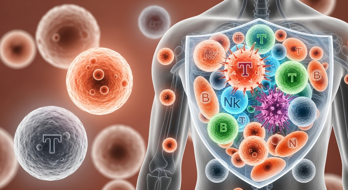 멜라토닌이 면역력을 강화하여 활발하게 활동하는 T세포, B세포 등 면역 세포들이 우리 몸을 보호하는 모습