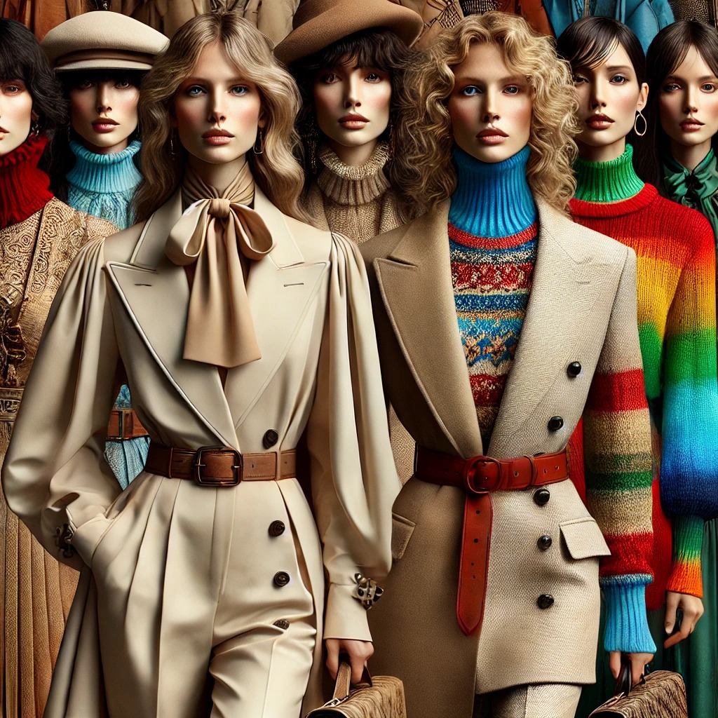 가을 패션에서 우아한 중립 톤과 생동감 넘치고 생생한 색상 간의 대비를 포착한 이미지입니다. 이 조합은 두 팔레트의 독특한 매력을 보여주며, 각각의 팔레트는 시즌에 세련미와 에너지를 더해줍니다