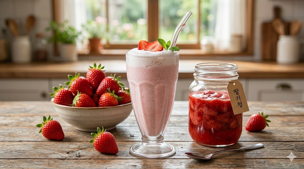 투명한 유리잔에 담긴 부드러운 딸기 쉐이크와 그 옆에 놓인 수제 딸기청 유리병, 신선한 생딸기가 차려진 감성적인 홈카페 테이블