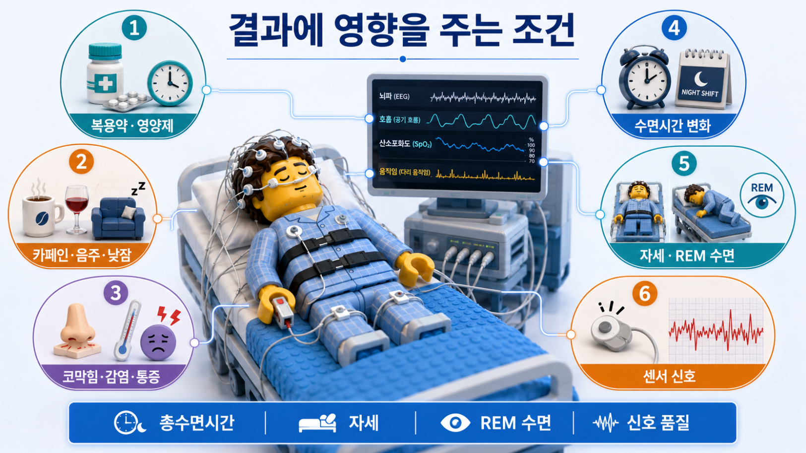 수면다원검사 결과에 영향을 줄 수 있는 검사 당일 조건과 기록 조건을 정리한 의료 인포그래픽